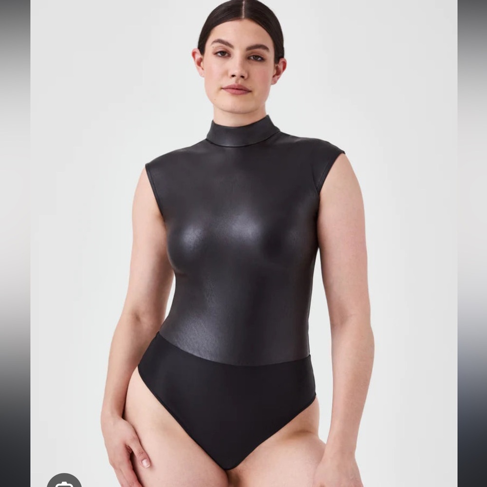 Spanx Faux Leather Mock Neck Bodysuit - Large